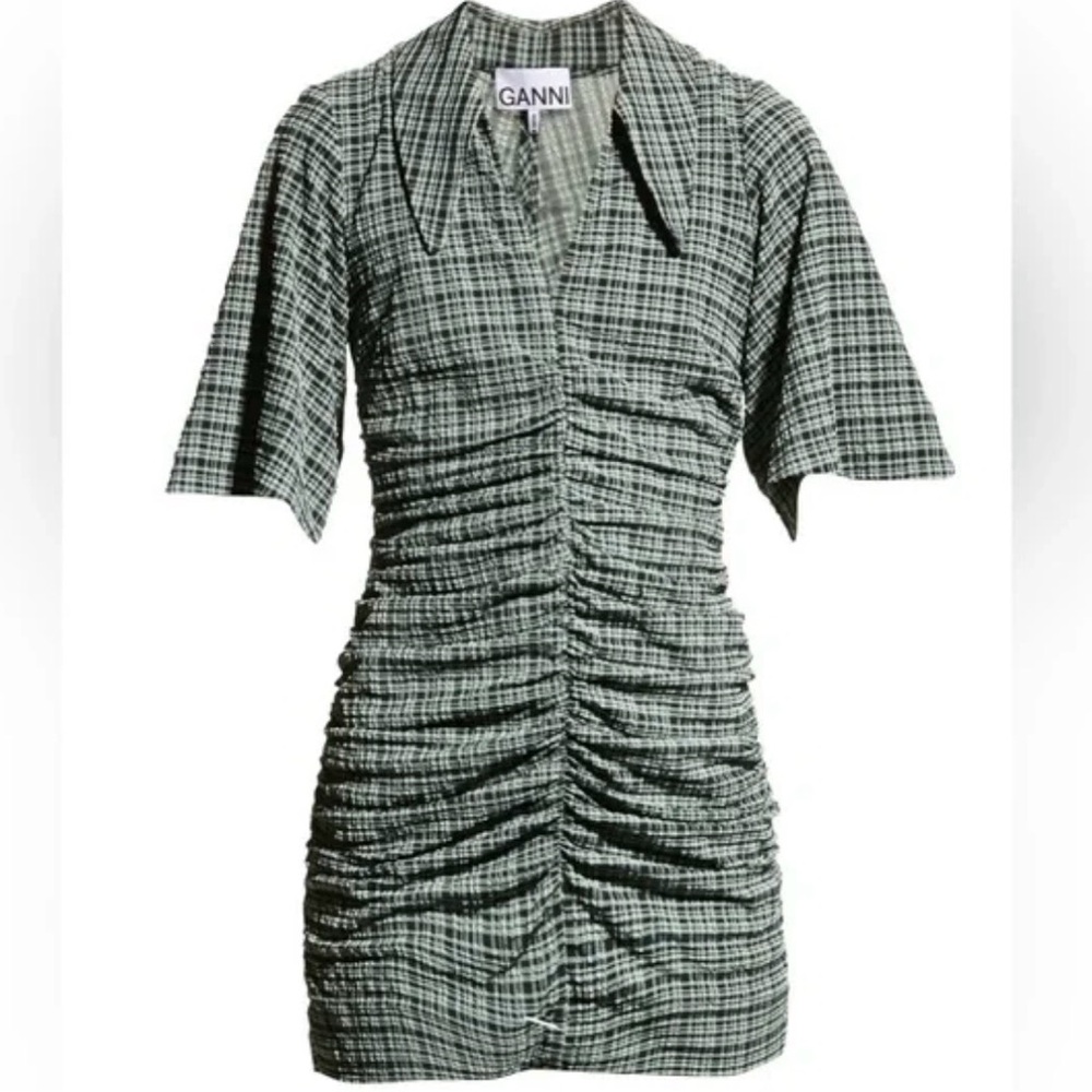 Ganni $255 Green Plaid Ruched Mini Dress